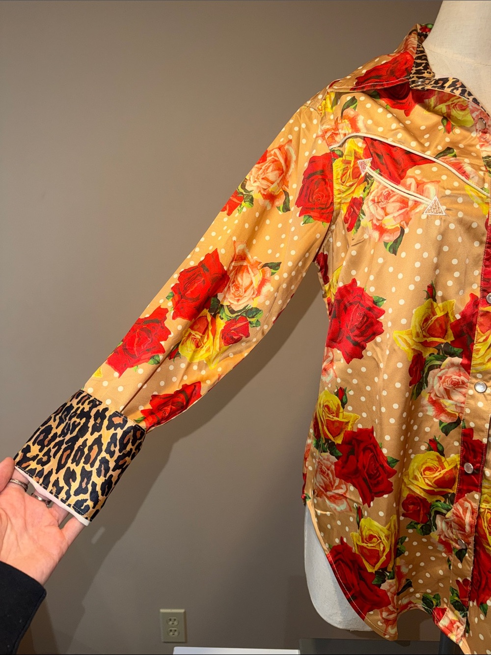 Floral Polka Dot Button-Down Shirt in Tan with Red & Yellow Roses - Picture 2 of 5